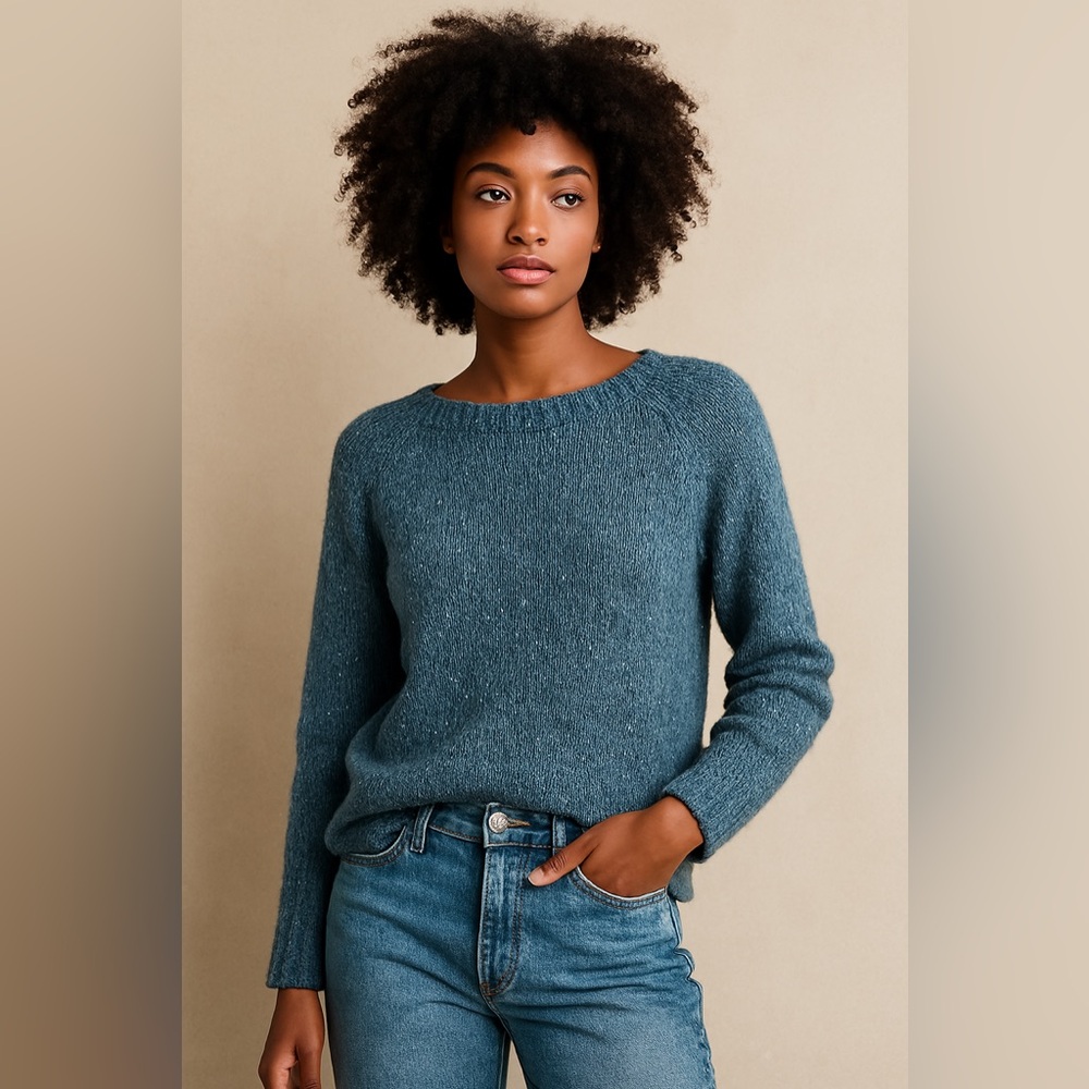 Hand Knit Rustic Thick Blue Wool Sweater size M Cozy Handmade Pullover Cabincore